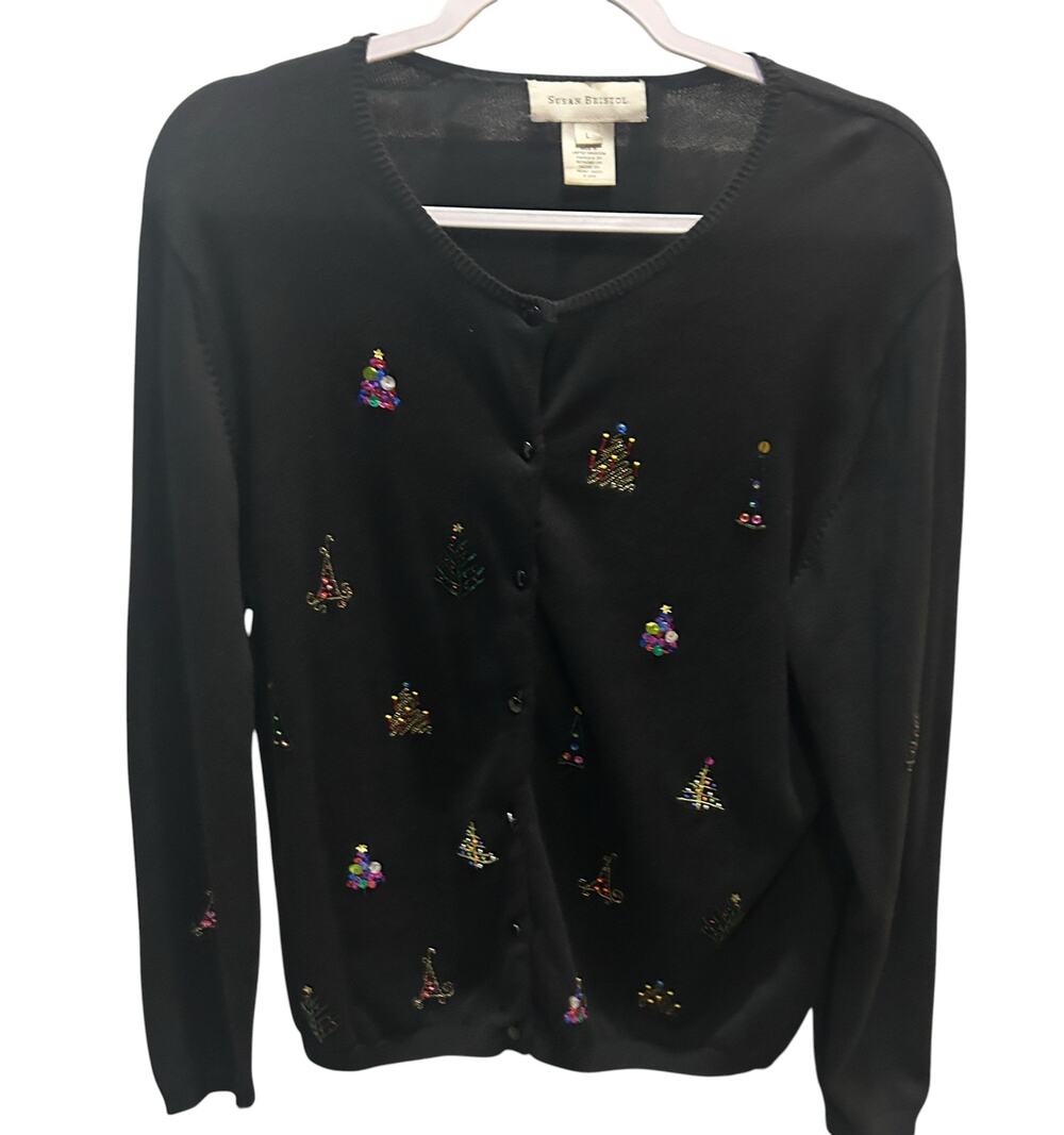 VTG Susan Bristol Cardigan Christmas Tree Beaded Sequin Black LG Retro Holiday